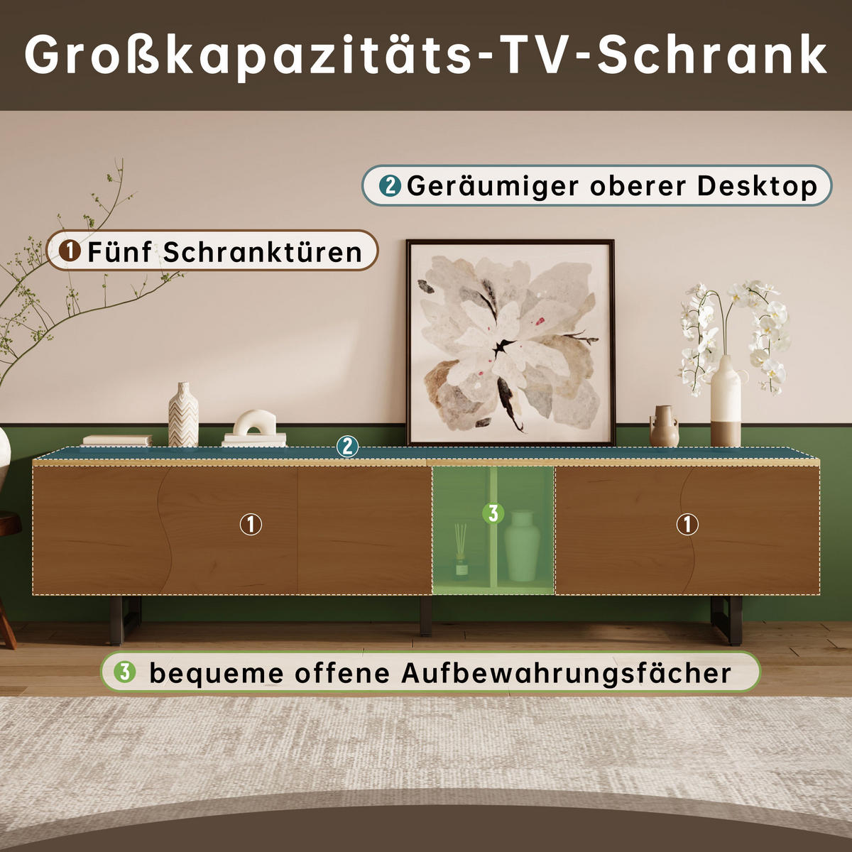 TV-SCHRANK 191cm 5 Türen modern Stauraum TV-Ständer - Naturfarben, Holzwerkstoff (38/46.5/191cm) - FLIEKS