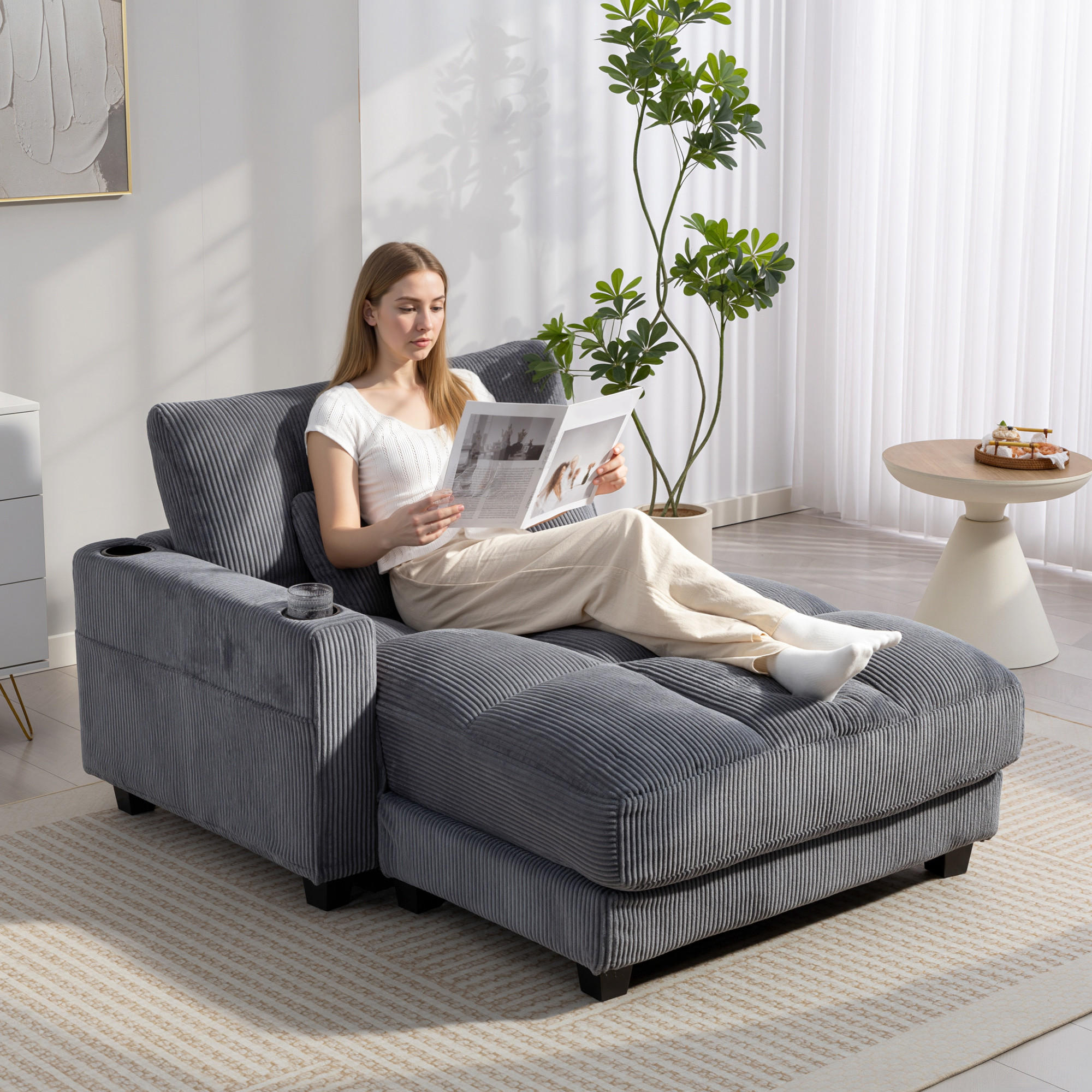 CHAISELONGUE 2 Sitzer Schlafsofa 114 x 147 cm mit Becherhalter Dunkelgrau - Dunkelgrau/Schwarz, Kunststoff/Textil (114/86/147cm) - HOMCOM