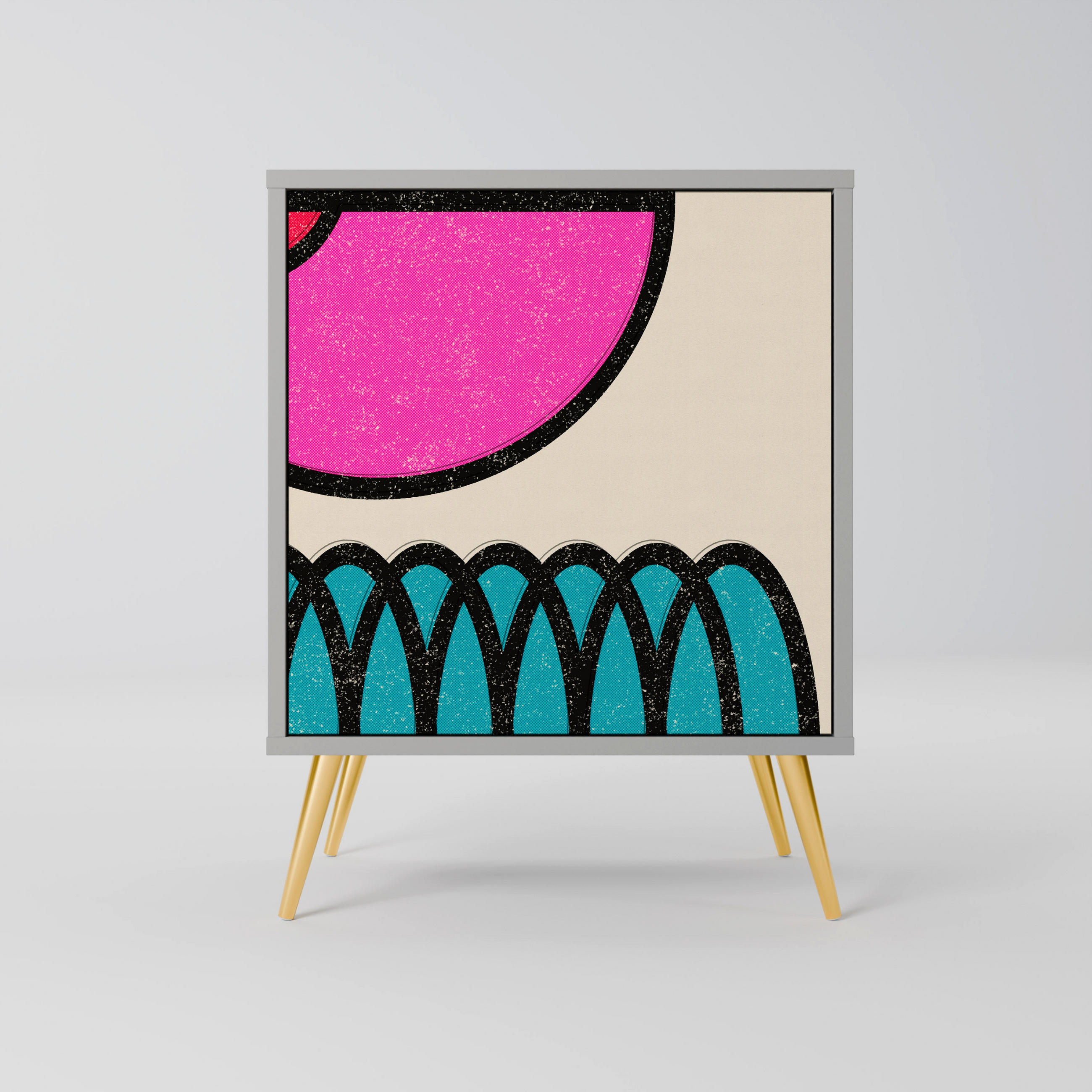 SIDEBOARD GEOMETRIC RHAPSODY, Grau, 57,5x42x75,5 cm, Goldfarbene Metallfüße - Goldfarben/Multicolor, Holzwerkstoff/Metall (57.5/75.5/42cm) - SpaceRebels