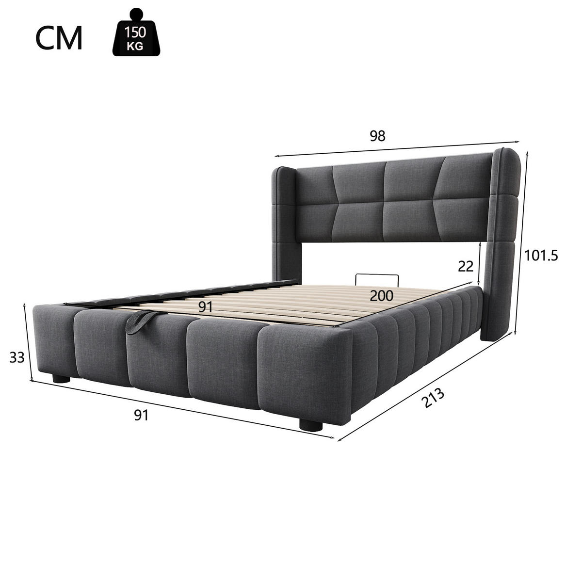 POLSTERBETT 90/200 cm Grau aus Stoff mit Stauraum - Grau, Textil (90/200cm) - OKMYHOME
