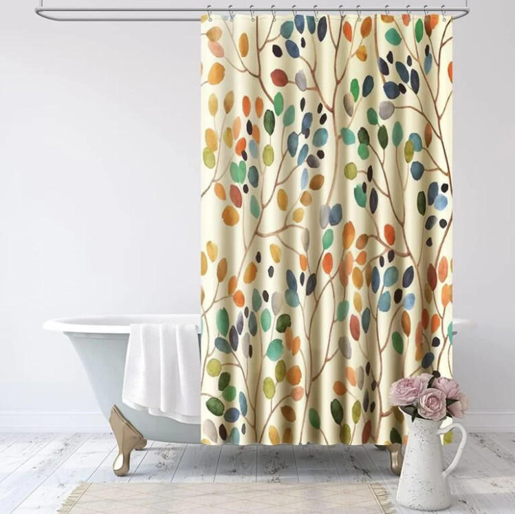 DUSCHVORHANG Beige botanisch bunt Muster schimmelresistent mit Haken - Weiß, Textil (180/180cm) - MCBOSON