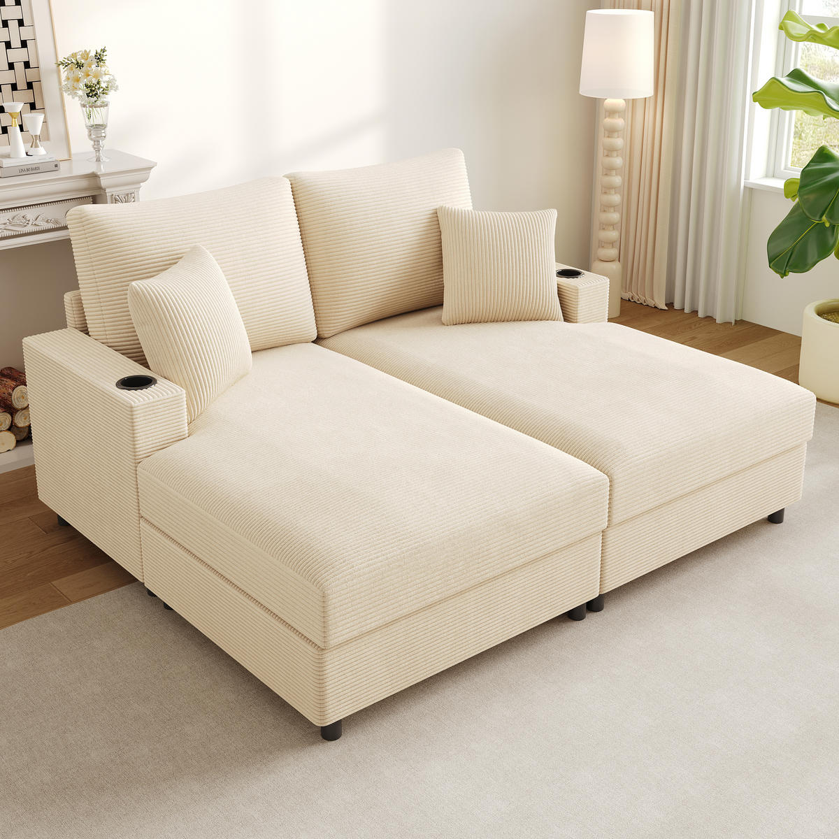 2-SITZER Schlafsofa Cord mit USB-Anschluss und Getränkehaltern Beige 163/140/82 cm - Beige, Textil (140/82/163cm) - Redom