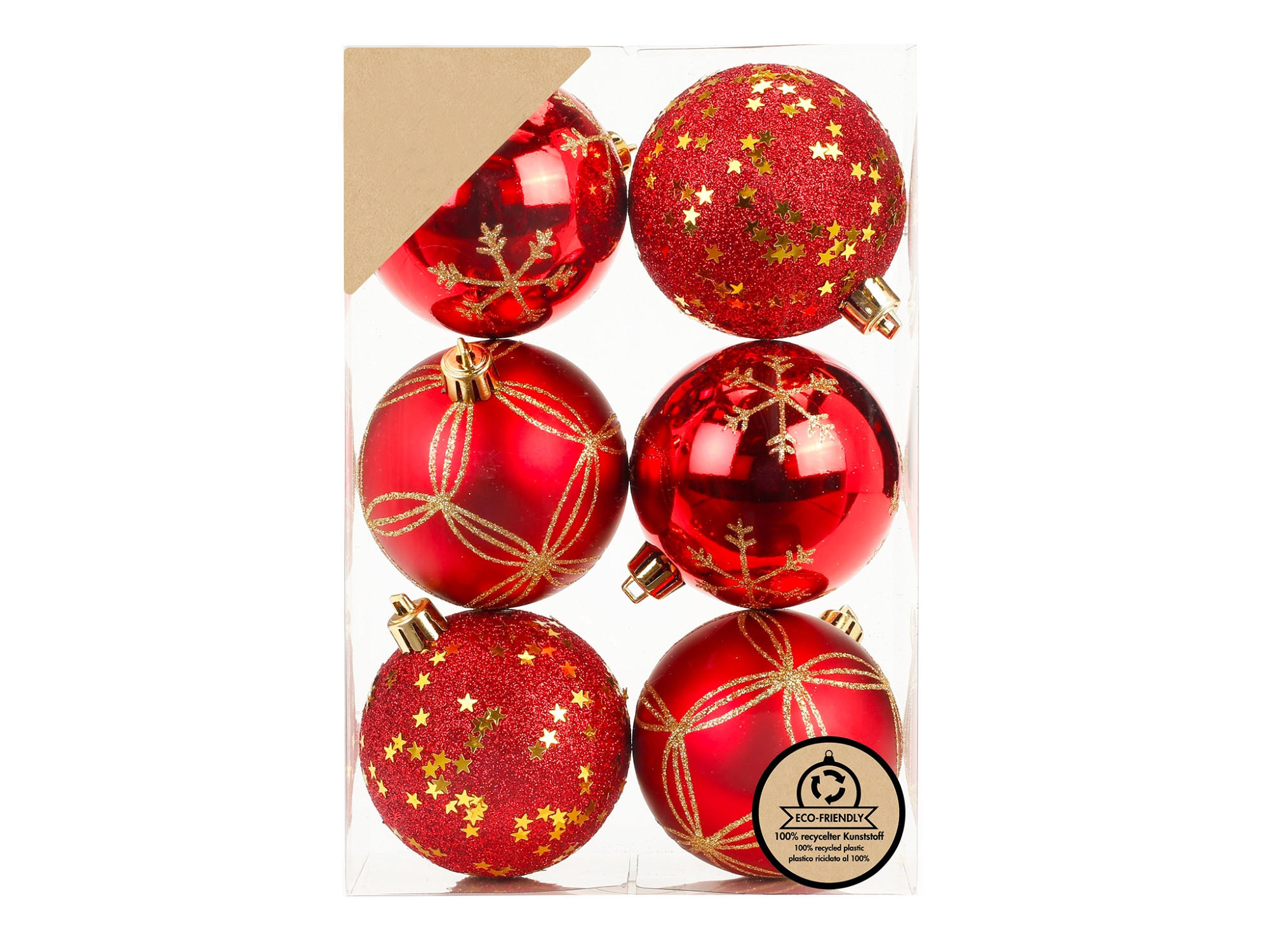 WEIHNACHTSORNAMENTE 6er-Set Ornamente rot Mix 8 cm - Rot/Goldfarben, Kunststoff (8/8/8cm) - LAALU