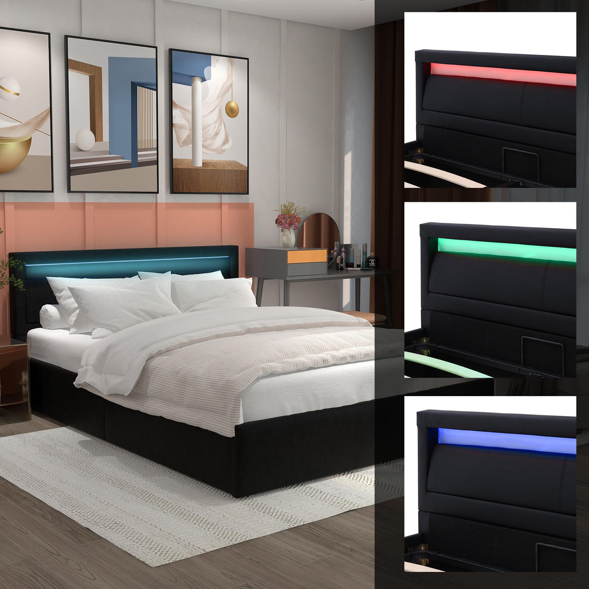 POLSTERBETT 140x190 LED Lattenrost Stauraum Schwarz - Schwarz, Leder - FLIEKS