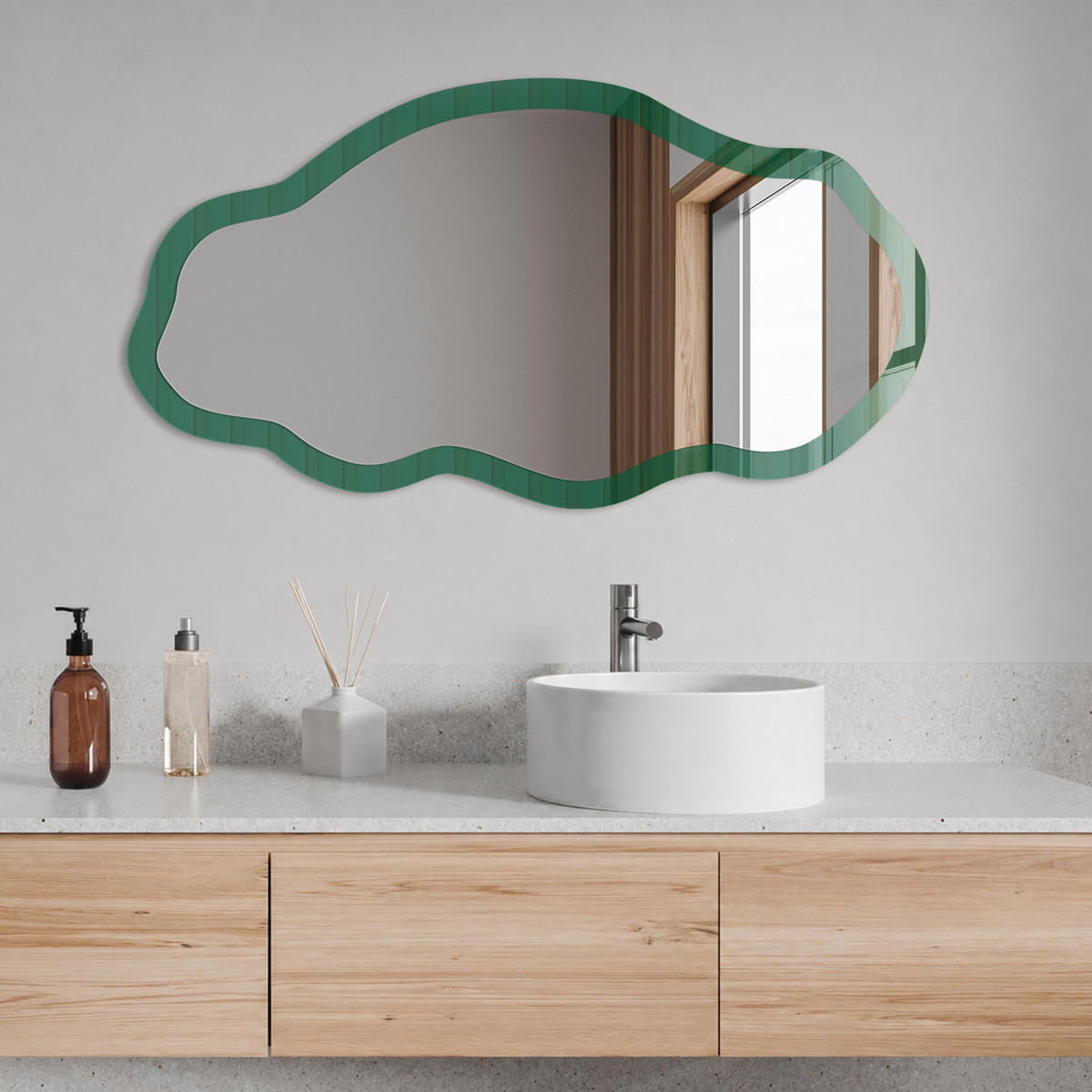 SPIEGEL 90x45 cm asymmetrisch mit Druck - Grüne Streifen - Transparent, Glas (45/90/0.4cm) - TULUP