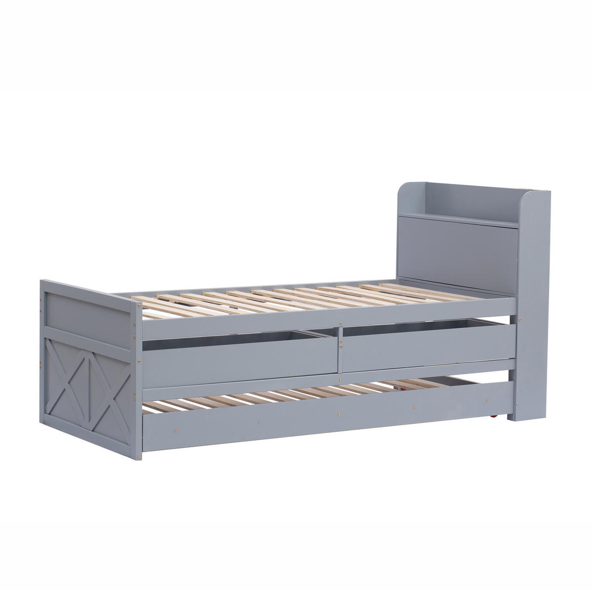 AUSZIEHBETT 90/190 cm aus Massivholz Grau mit USB und Schubladen - Grau, Holz (90/200cm) - Flora Grace