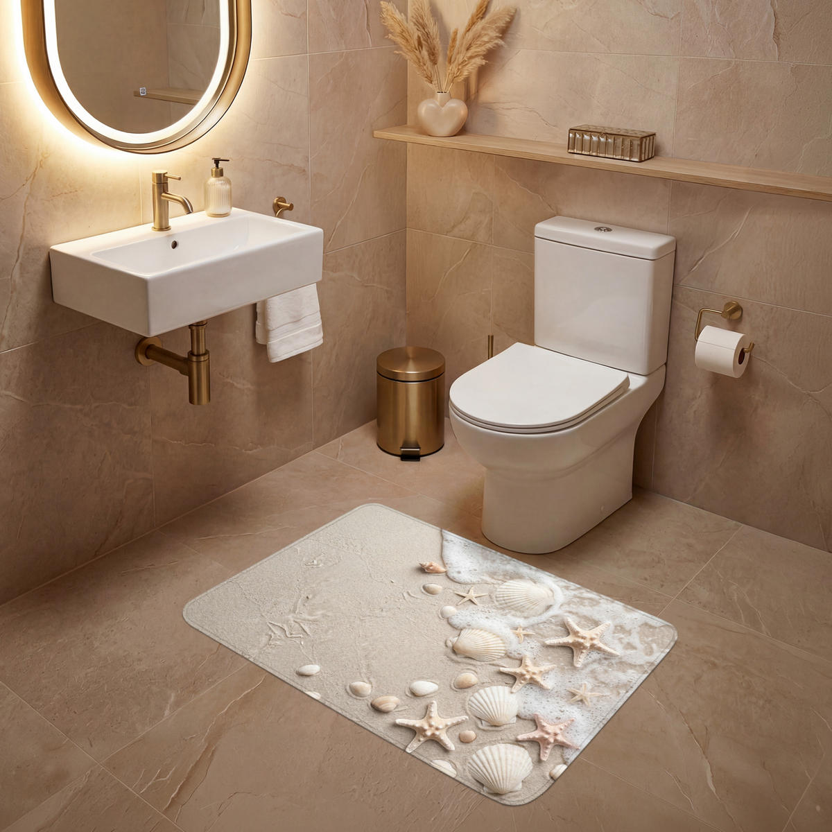 WC-VORLEGER Muscheln - Seesterne - Strand Toilettenteppich 90x60 cm - Sandfarben, Kunststoff/Textil (90/1cm) - OnlyWow