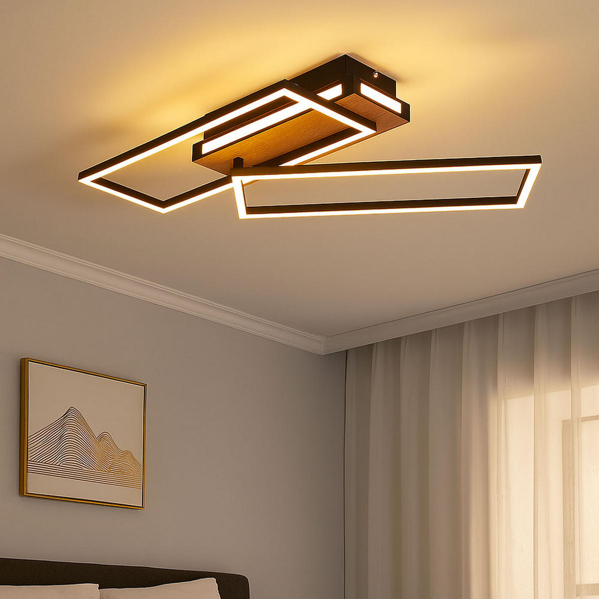 LED DECKENLEUCHTE Holzoptik Braun - Schwarz, Metall (60/25/10cm) - Globo Lighting