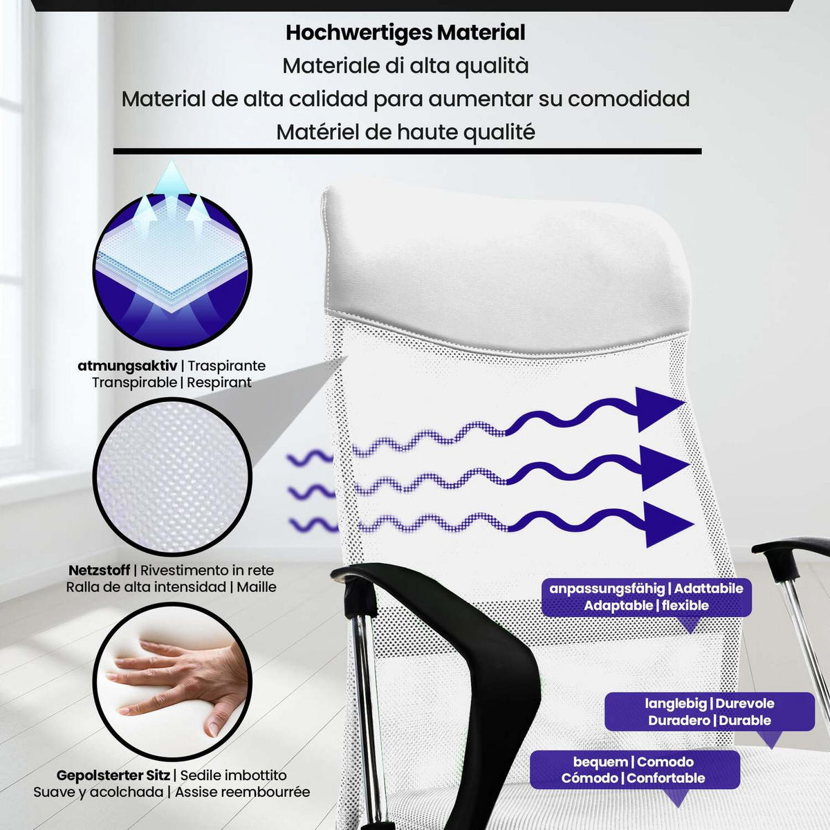 BÜROSTUHL Waterloo, Kunstleder Weiß - Weiß, Textil/Metall (60/118/53cm) - TPFLiving