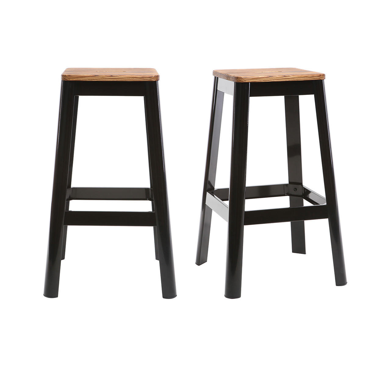 INDUSTRIAL-BARHOCKER Schwarzes Metall Holz H75 cm 2er-Set NICK - Schwarz, Holz (46/75/46cm) - Miliboo