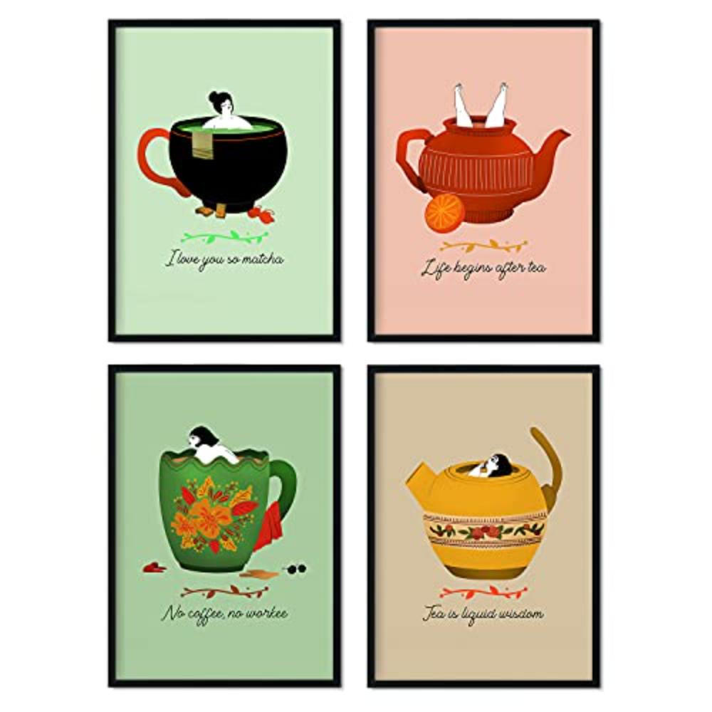 POSTER Set mit 4 aromatischen Abbildungen zu Tee und Kaffeeliebhabern A4 Schwarzer Rahmen - Schwarz, Papier (29.7/3cm) - Nacnic