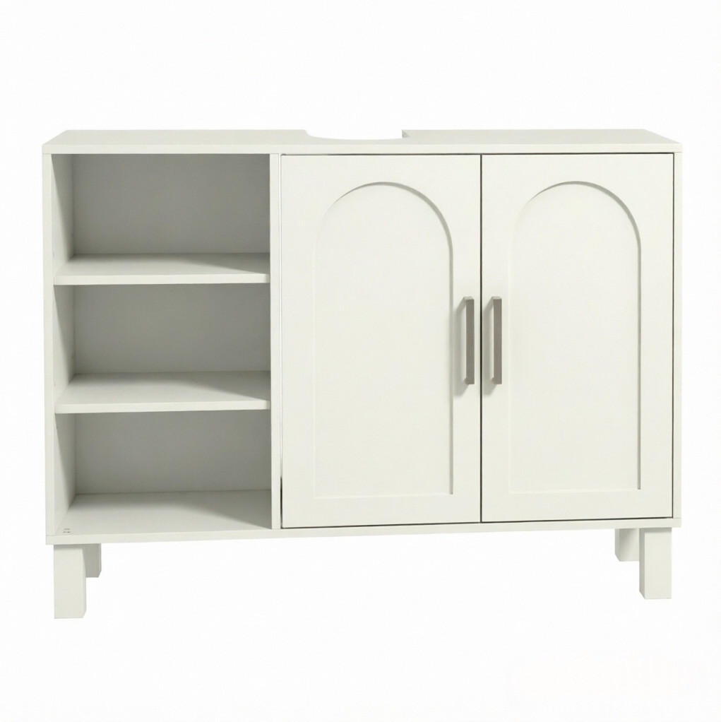 BADEZIMMERSCHRANK MDF Spanplatte 90x30x63 cm Creme Waschtischunterschrank mit Stauraum und U-Schnitt - Creme, Holzwerkstoff (90/63/30cm) - Modfu
