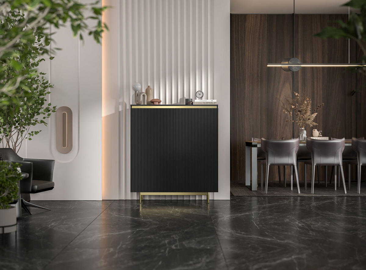 KOMMODE Selene 2D Schwarz matt 111 cm mit goldenem Metallrahmen - Goldfarben/Schwarz, Holzwerkstoff/Metall (111/125/35cm) - Meble Lindner
