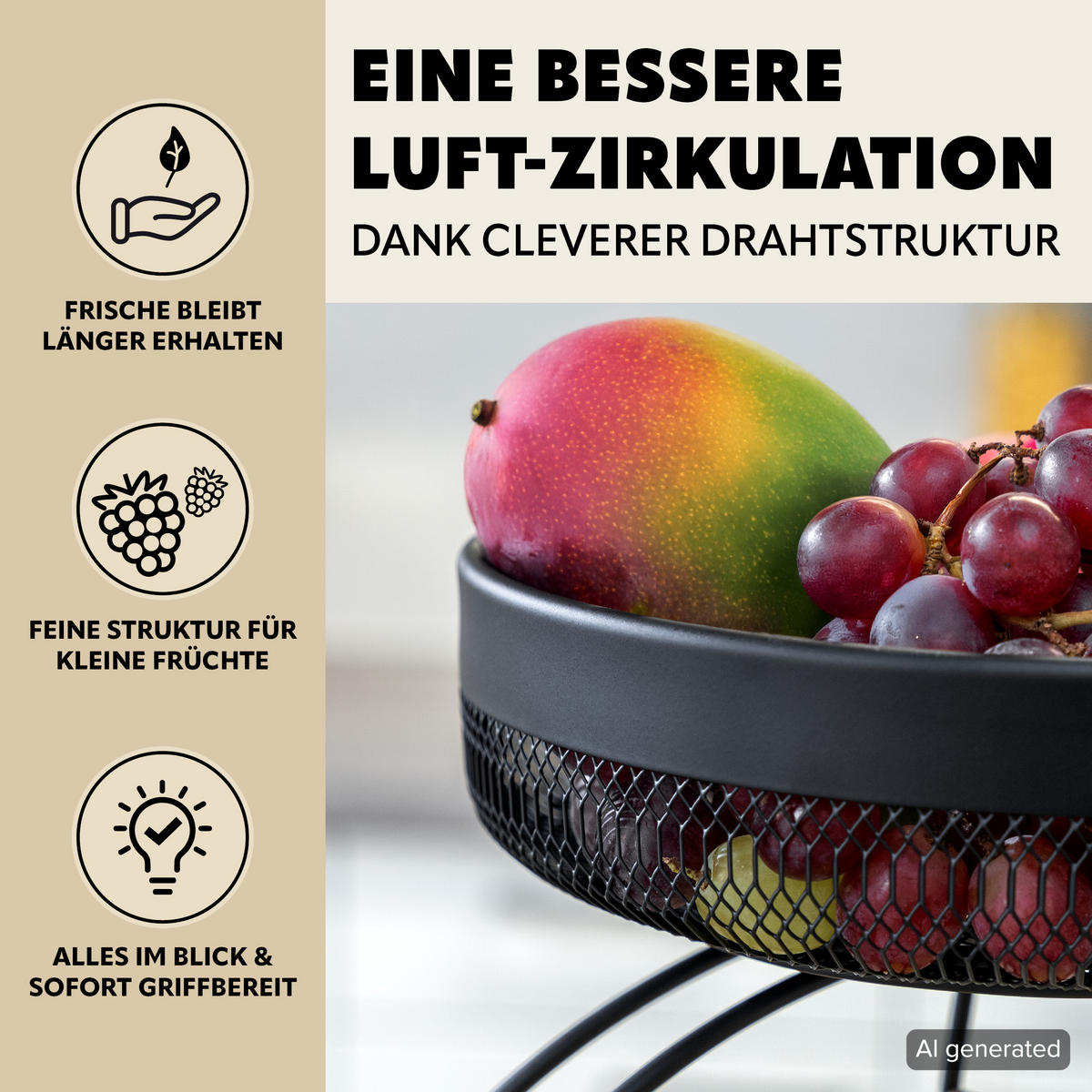 OBSTETAGERE mit Bananenhalter, schwarz, rund - Schwarz, Metall (30/38.5cm) - eluno