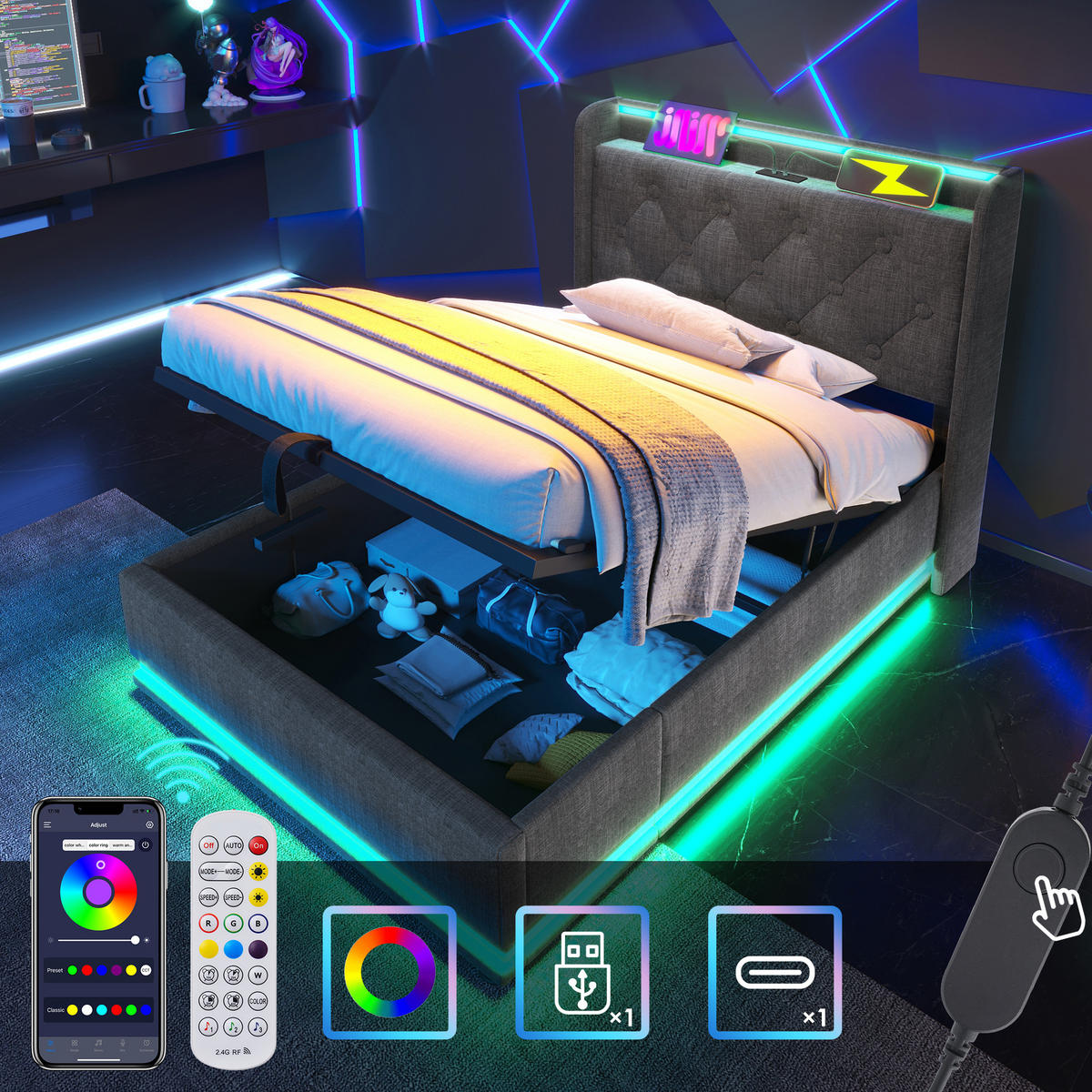 POLSTERBETT 90X200 cm mit LED Kopfteil und USB C Stauraum - Grau, Holz (90/200cm) - FLIEKS