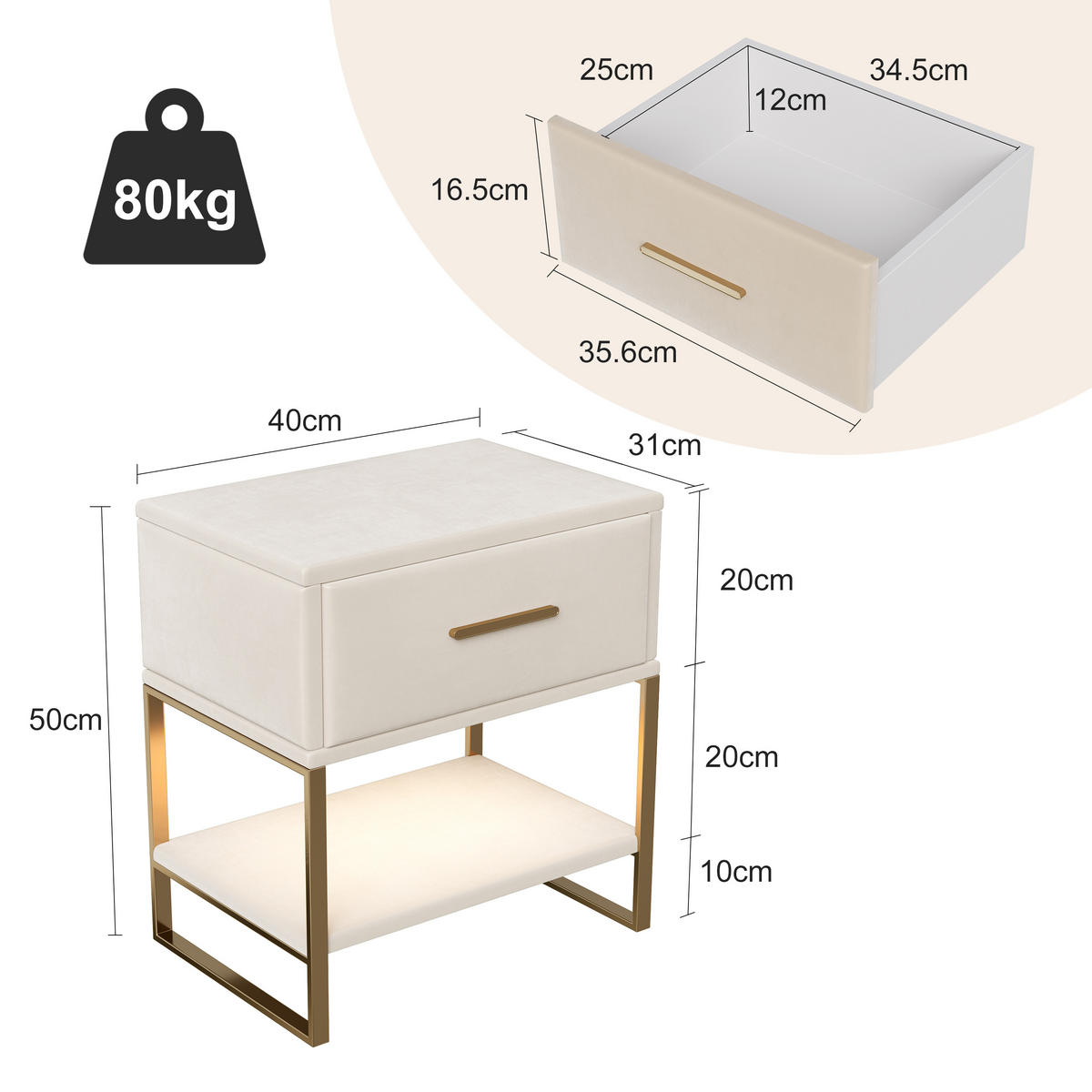 NATTDUKSBORD, beige sammet, LED, låda, metallram - Beige, Träbaserade material (40/50/31cm) - SHOPENTRA
