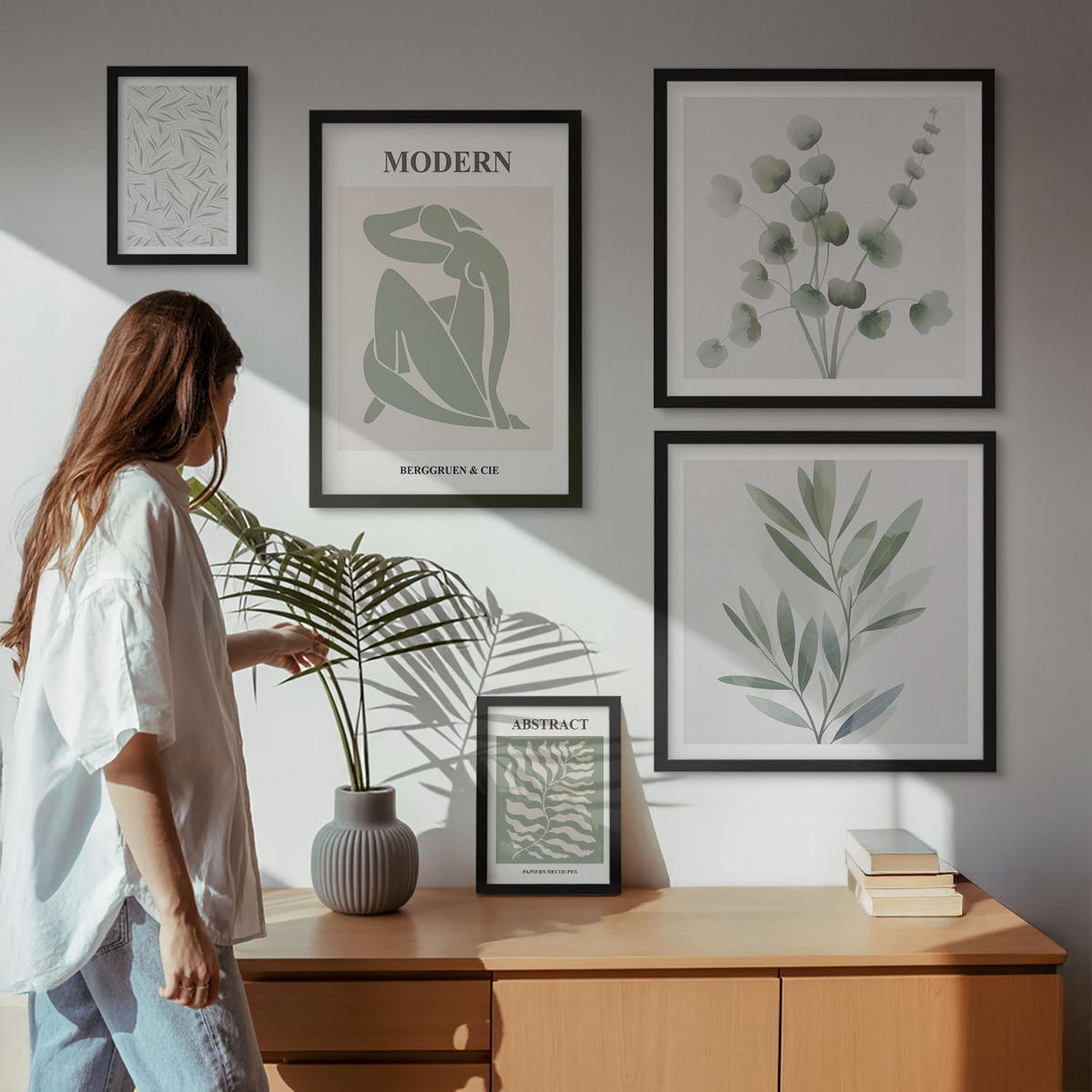 BILDER SET 5er Set - 50x50 cm & 20x30 cm & 40x60 cm Schwarzer Rahmen - Matisse entwirft Boho-Pflanzen - Schwarz, Kunststoff (40/60cm) - TULUP