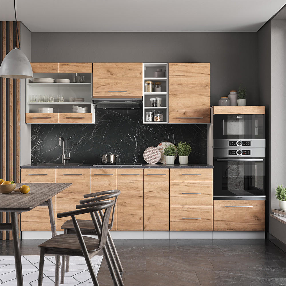KÜCHENZEILE Fame-Line Goldkraft Eiche/Weiß 280 cm, AP Anthrazit - Honigeiche/Eiche Wotan, Holzwerkstoff (280/81.6/60cm) - Vicco