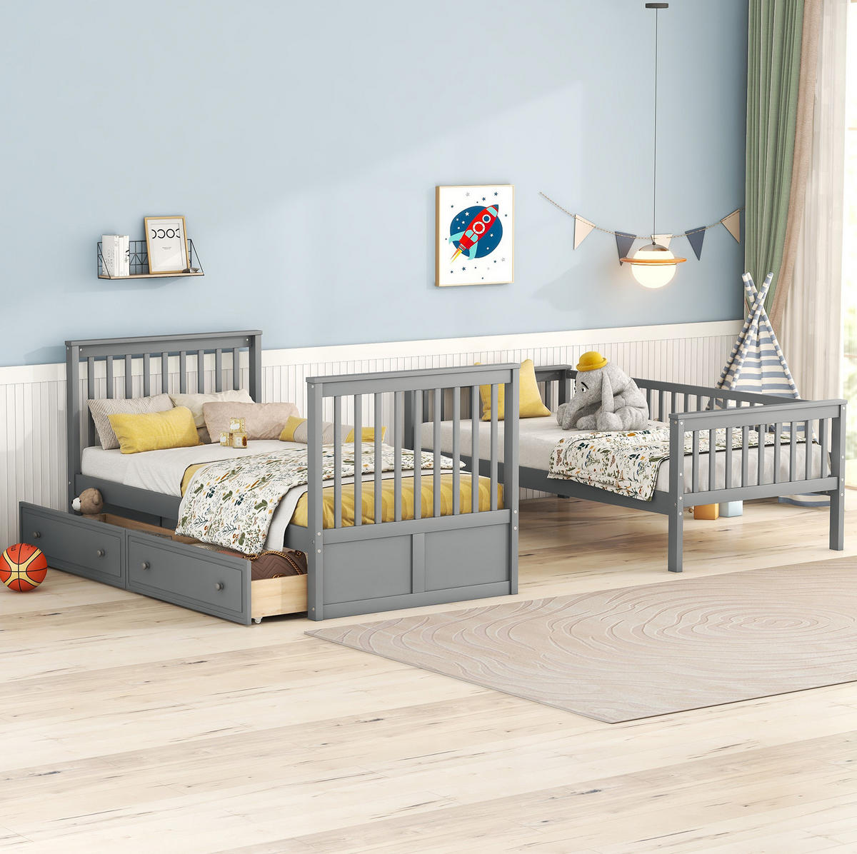 ETAGENBETT 90/200 cm Grau mit 2 Schubladen, teilbar in 2 Betten - Grau, Holz (90/200cm) - Flora Grace
