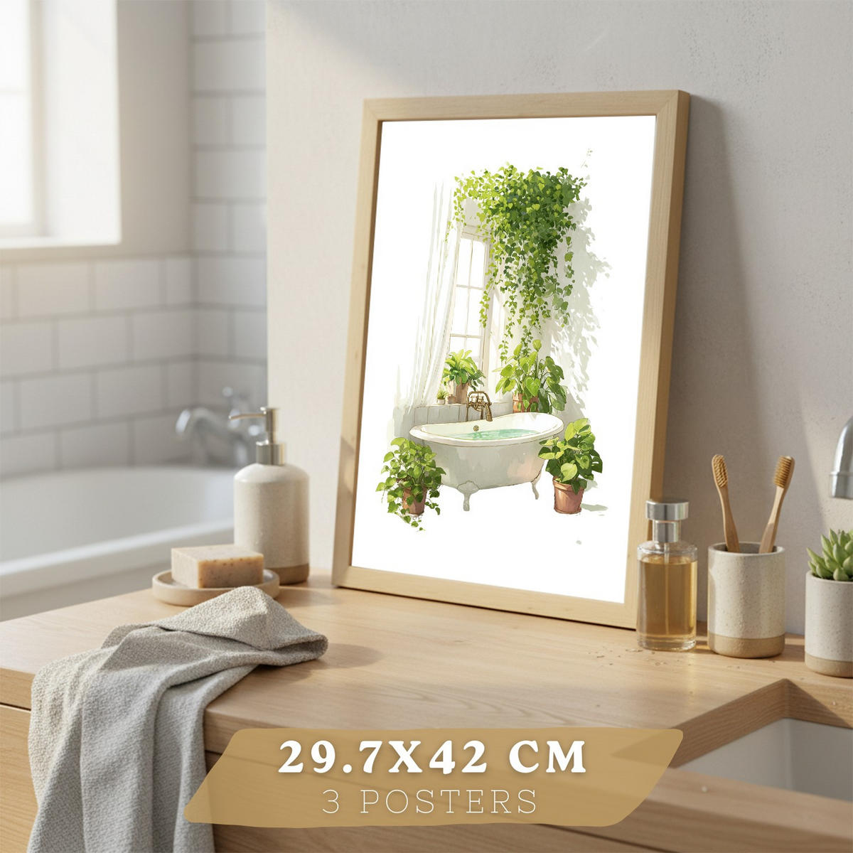 PLAKÁT Sada 3 dekorativních botanickém koupelnových tisků Světlý dřevěný rám A3 - béžová, papír (42/29.7/3cm) - Nacnic