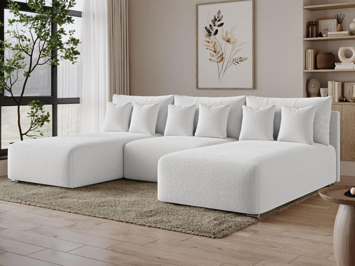 ECKSOFA Ronni U Bouclé-Stoff Weiß - Weiß, Holz/Textil (300/190cm) - Graingold