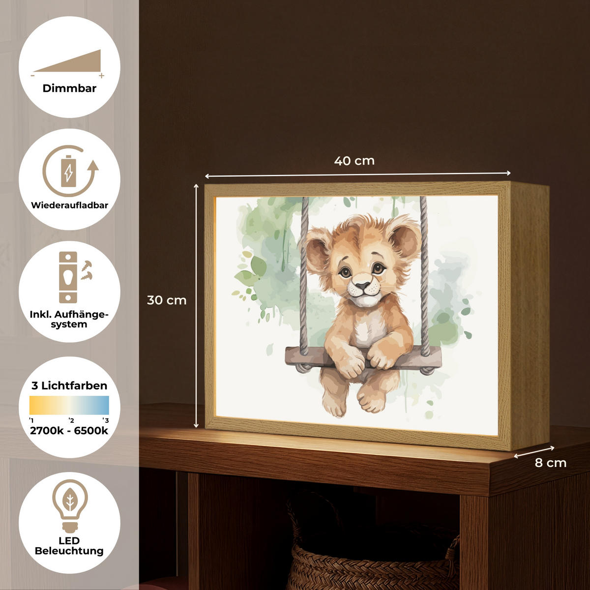 NACHTTISCHLAMPE MIT AKKU Löwe - Tier - Kinder - Dschungel 40x30 cm - Weiß, Holzwerkstoff (8/40/30cm) - OnlyWow