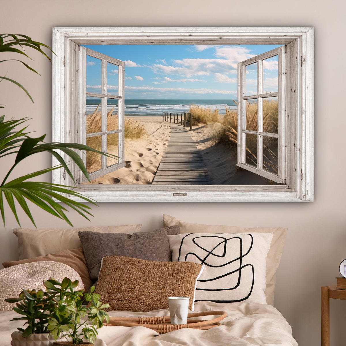 LEINWANDBILD Fenster - Meer - Küste - Natur - Ausblick - Strand - Wattenmeer Wohnzimmer 120x80 cm - Beige, Textil (120/80cm) - MuchoWow