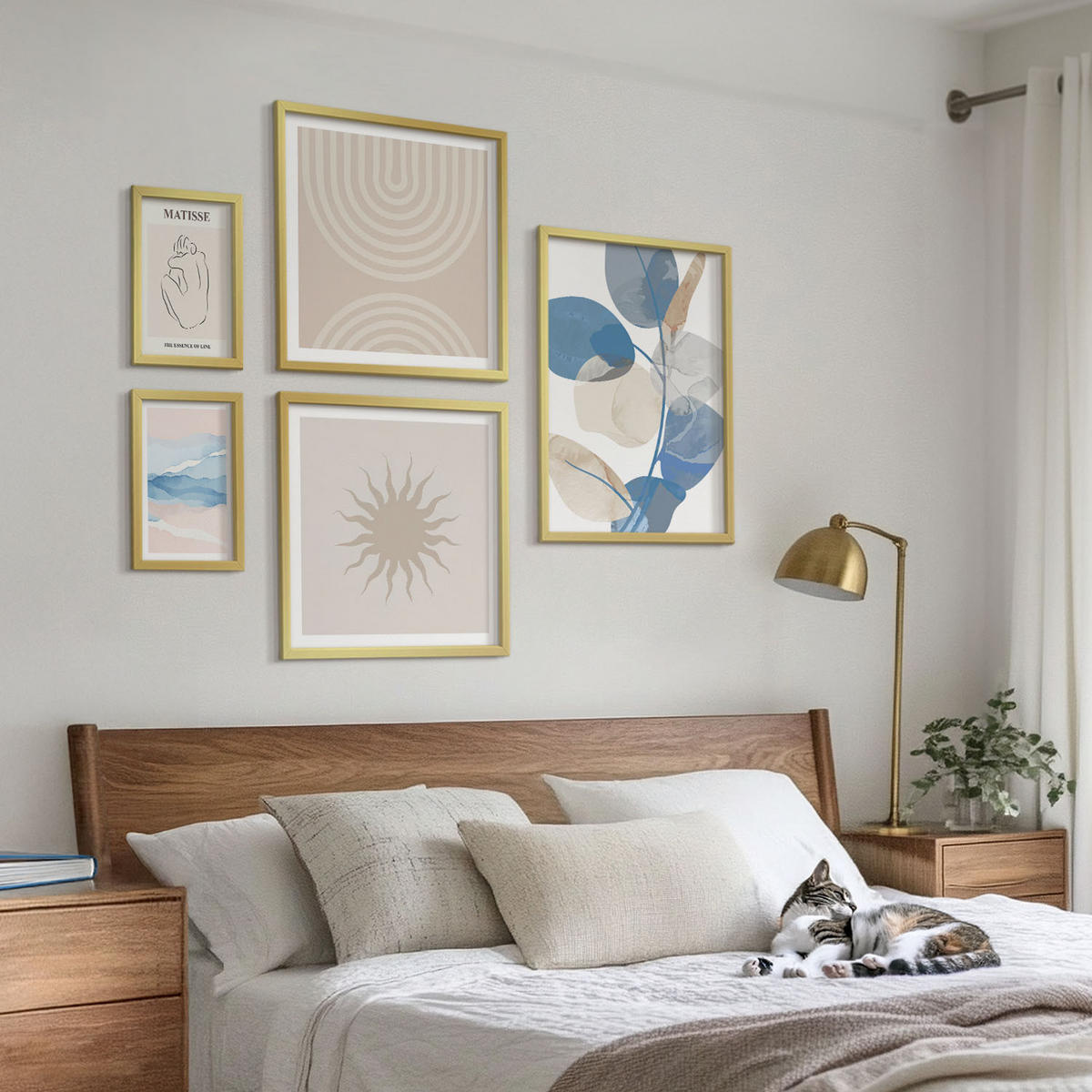 BILDER SET 5er Set - 50x50 cm & 20x30 cm & 40x60 cm Goldrahmen - Linien, Wellen, Pastellfarben, minimalistisch - Goldfarben, Kunststoff (40/60cm) - TULUP