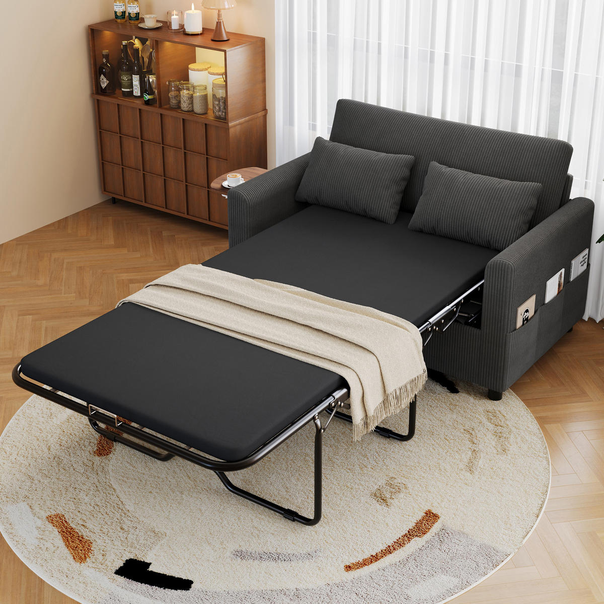 SCHLAFSOFA 2-Sitzer ausziehbar mit USB und Seitentisch, Grau - Grau, Textil (134/84/82cm)