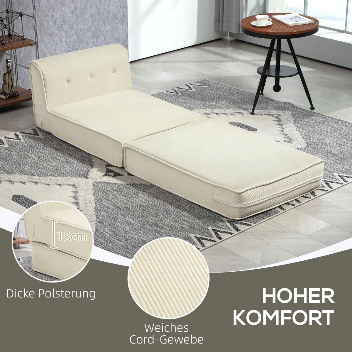 BODENSOFA 2-in-1 Klappbar Schlafsofa mit Kordoptik für Wohnzimmer Cremeweiß - Creme, Textil (73/65/100cm) - HOMCOM