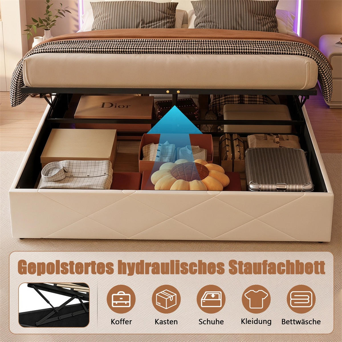 POLSTERBETT 160x200 cm mit hydraulischem Stauraum - Gepolstertes Kopfteil mit Stauraum - LED Beleuchtung - Weiß - Weiß, Textil (160/200cm) - DELFA