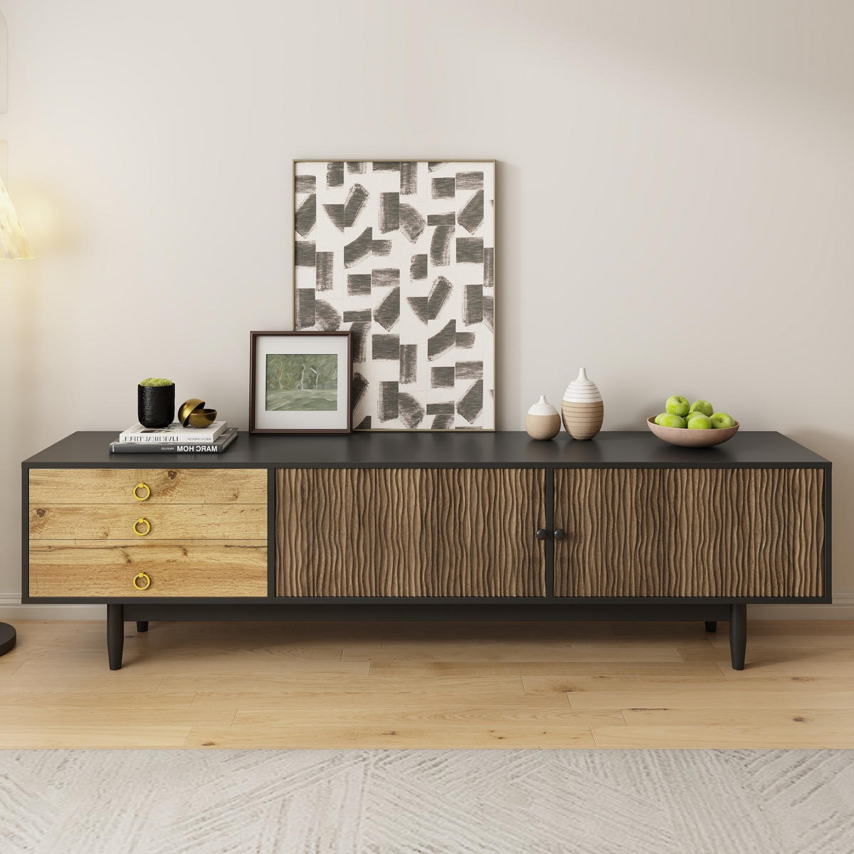 TV-LOWBOARD aus MDF und Spanplatte 180x38x50 cm Schwarz/Natur mit 2 Türen, 3 Schubladen und Wellenmuster - Schwarz, Holzwerkstoff (180/38/50cm) - Modfu