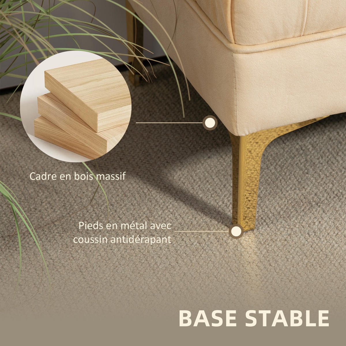 HOCKERBANK DE-12847 Knopfheftung und Goldbeine Beige - Beige, Textil (45/42/118cm) - ComfortXL