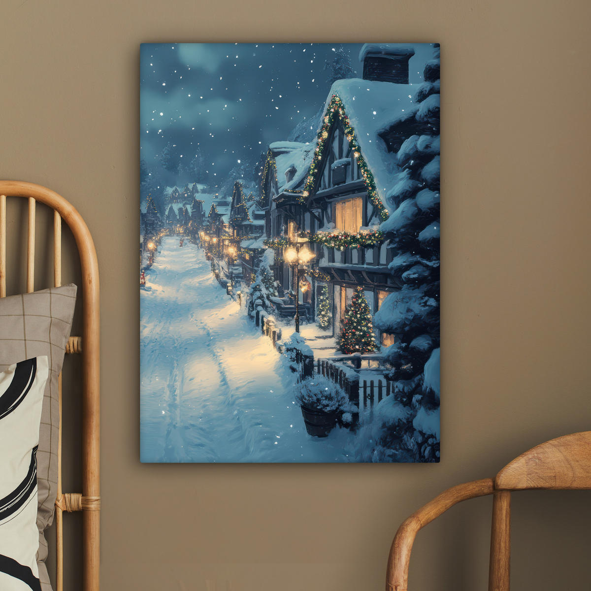 LEINWANDBILD Weihnachtsdorf - Weihnachten - Schnee - Winter 60x80 cm - Dunkelblau, Textil (60/80cm) - MuchoWow