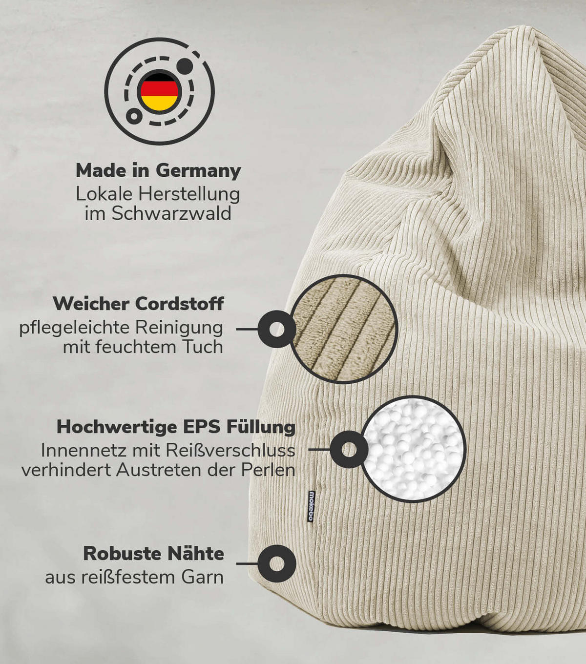 SITZSACK Cord Der Tagträumer - Beige, Textil (80/130/80cm) - Mokebo
