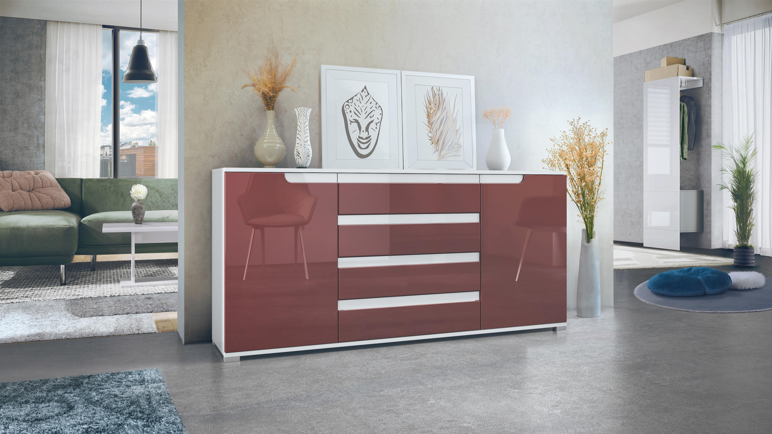 SIDEBOARD Sylt Bordeaux Hochglanz / Weiß Hochglanz - Bordeaux, Holzwerkstoff (166.5/75.5/35cm) - Vladon