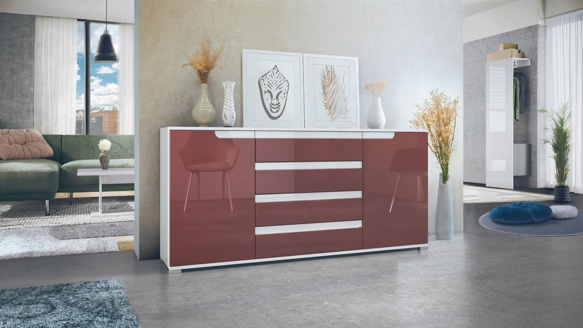 SIDEBOARD Sylt Bordeaux Hochglanz / Weiß Hochglanz - Bordeaux, Holzwerkstoff (166.5/75.5/35cm) - Vladon