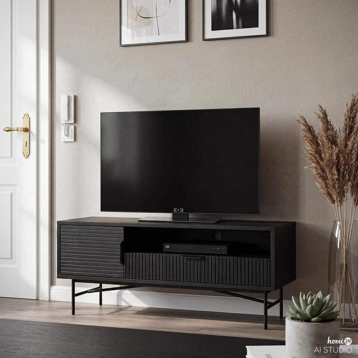 TV-LOWBOARD - Echtholzfurnier - 120 cm - Eichefarben/Schwarz, Holzwerkstoff/Metall (120/50/40cm) - home24