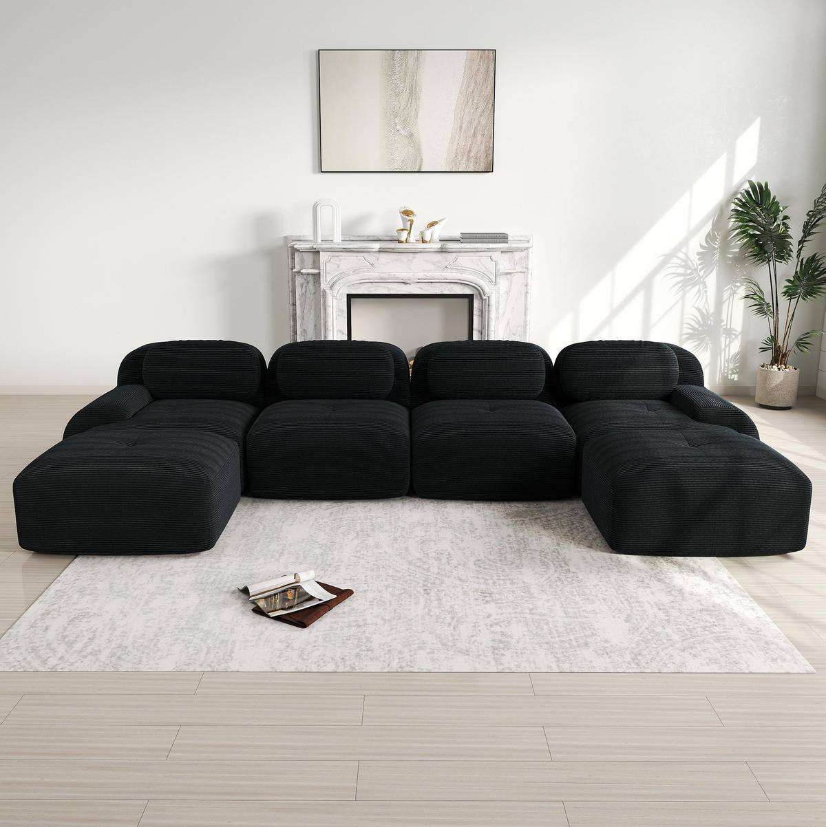 MODULÁRNÍ rohová pohovka černá z manšestru s ergonomickým tvarem - černá, textil (178/388cm) - OKWISH