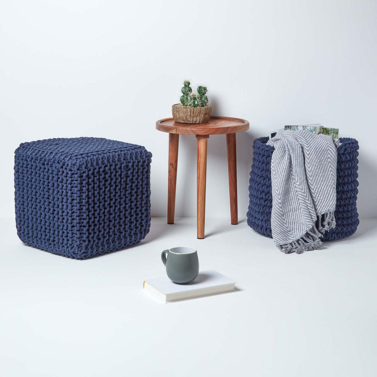 STRICK-POUF dunkelblau, Sitzwürfel 35/35/35 cm - Dunkelblau, Textil (35/35/35cm) - Homescapes