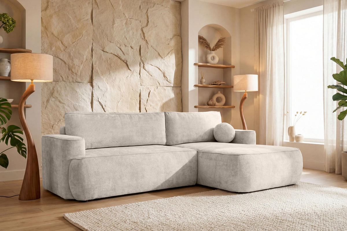 ECKSOFA Marion mit Schlaffunktion & Bettkasten in Chenille Creme, Rechts 267/154/83 cm - Creme/Schwarz, Kunststoff/Textil (267/154cm) - WFL GROUP