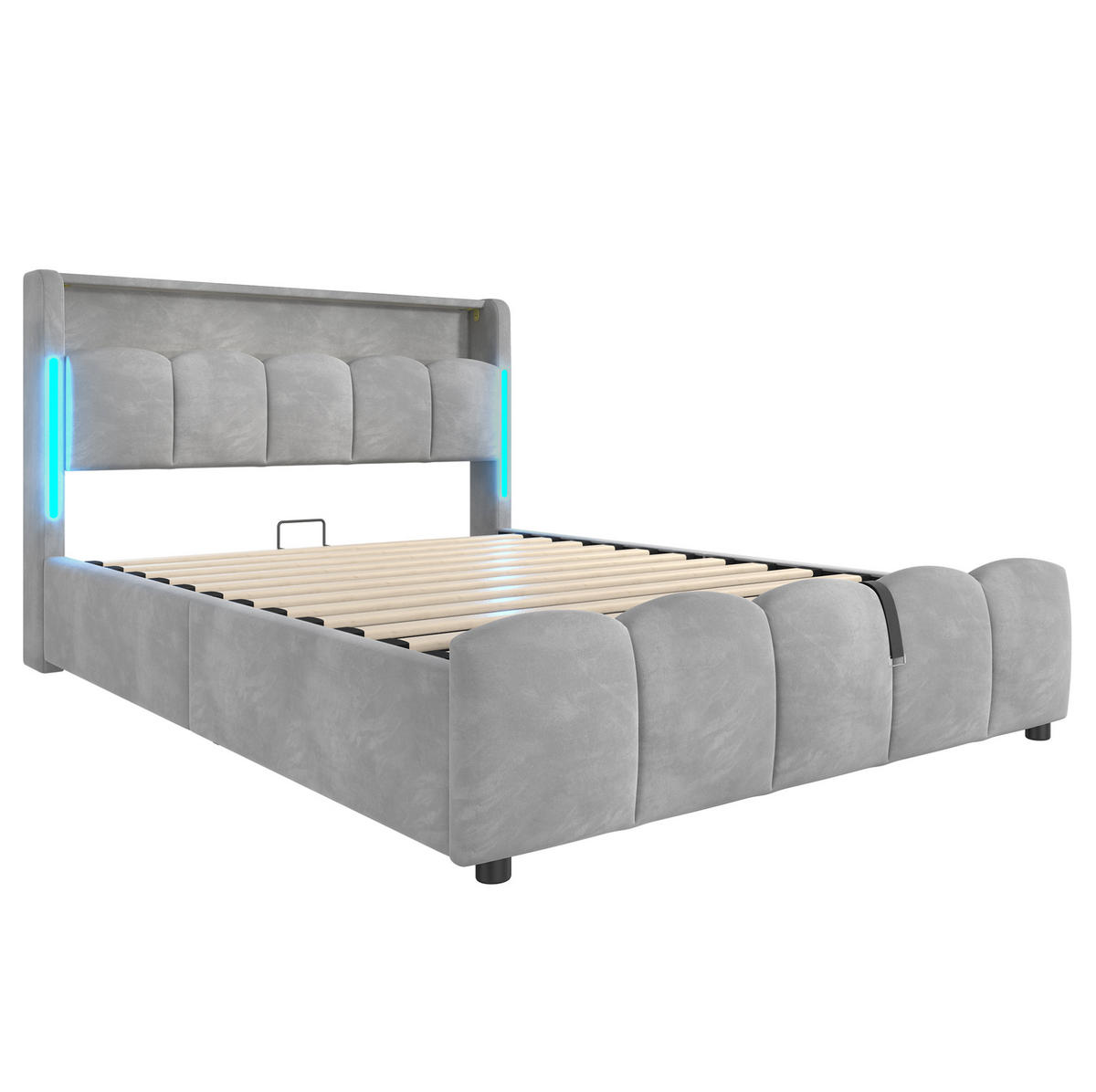 POLSTERBETT 140/200 cm Grau aus Samt mit Stauraum und LED-Beleuchtung - Grau, Textil (140/200cm) - Flora Grace