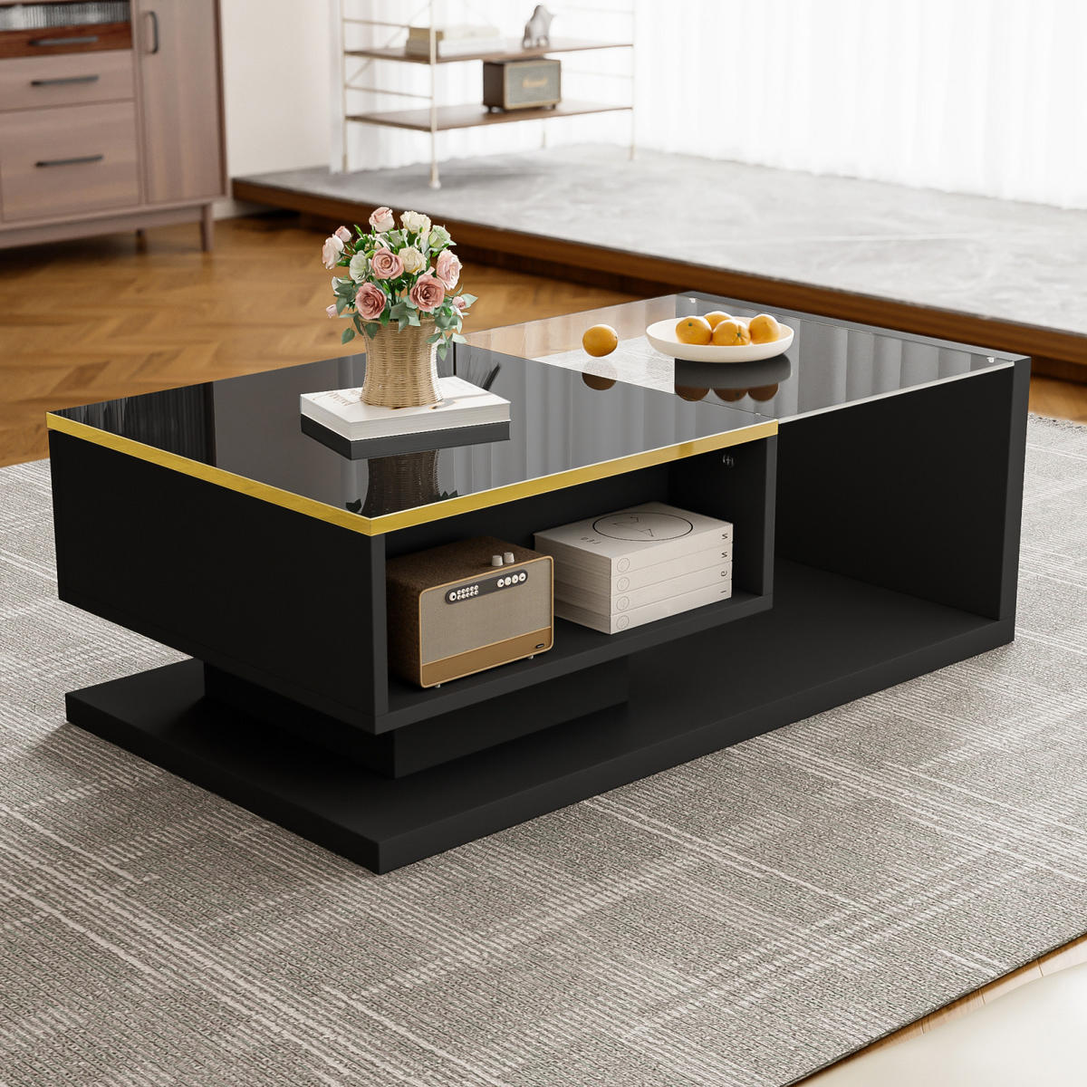 COUCHTISCH Schwarz mit verstellbarer LED und Glasplatte - Schwarz, Metall (90/50/32cm)