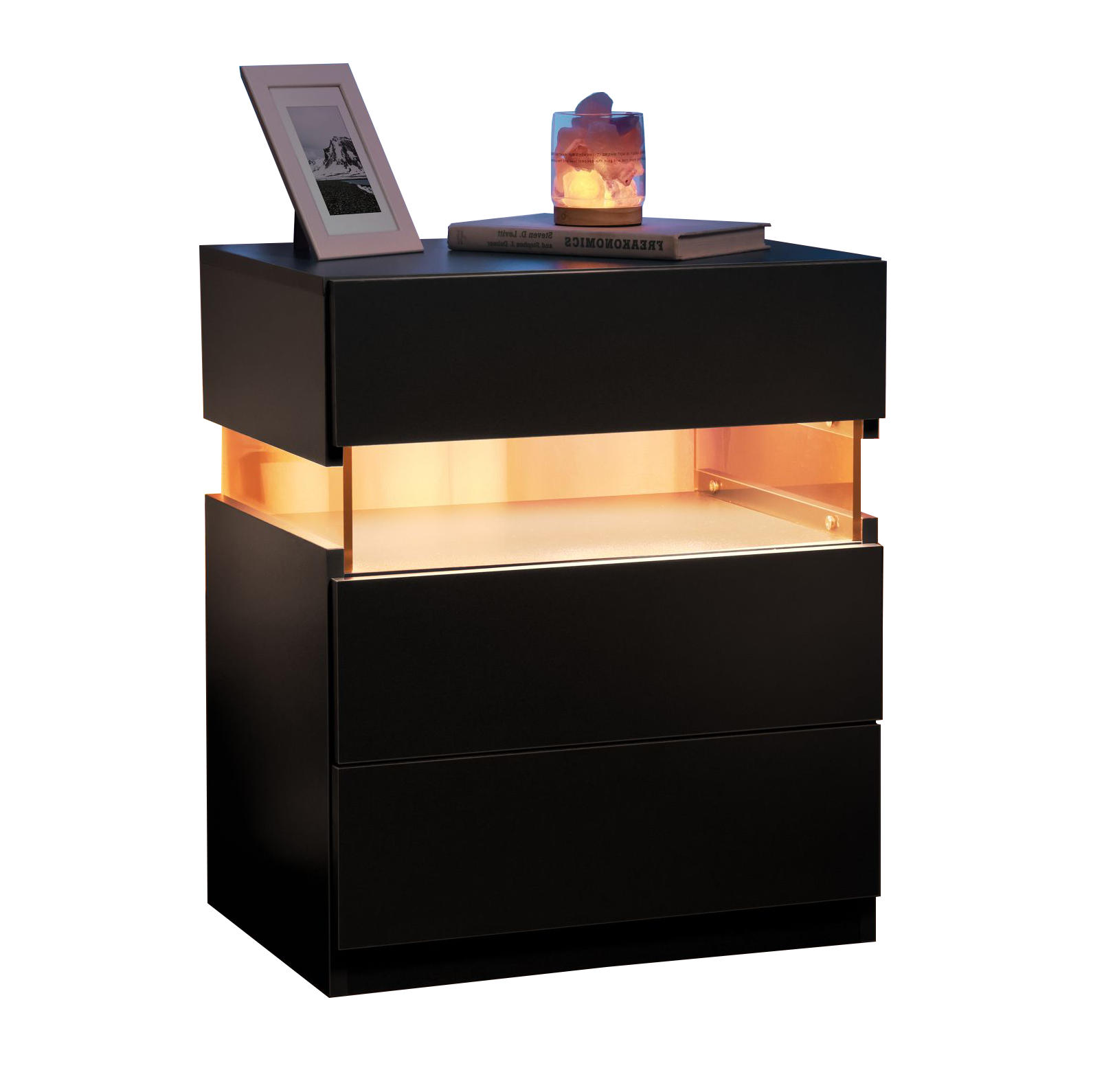 NACHTTISCH 48/38/61 cm mit 3 Schubladen & LED-Beleuchtung in Schwarz - Schwarz, Holzwerkstoff (38/61/48cm) - BEAOK