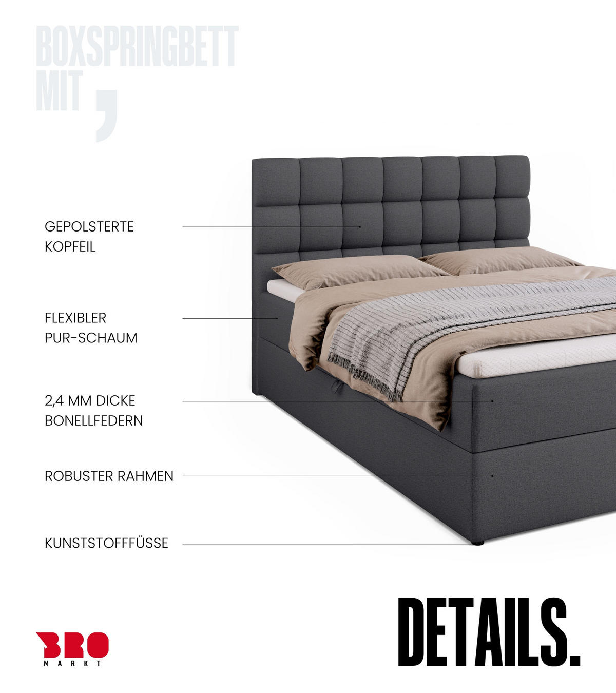 BOXBETT Dakota mit Topper 140/200 Dunkelgrau - Dunkelgrau, Textil (140/200cm) - Bromarkt