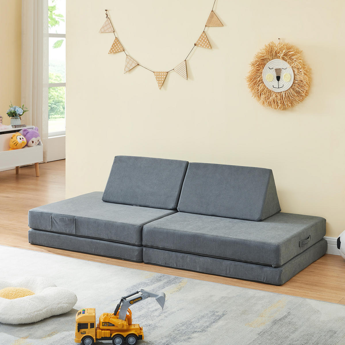 HRAČKÁŘSKÁ SOFA Norhulta - šedá, textil (150/46/66cm) - [en.casa]