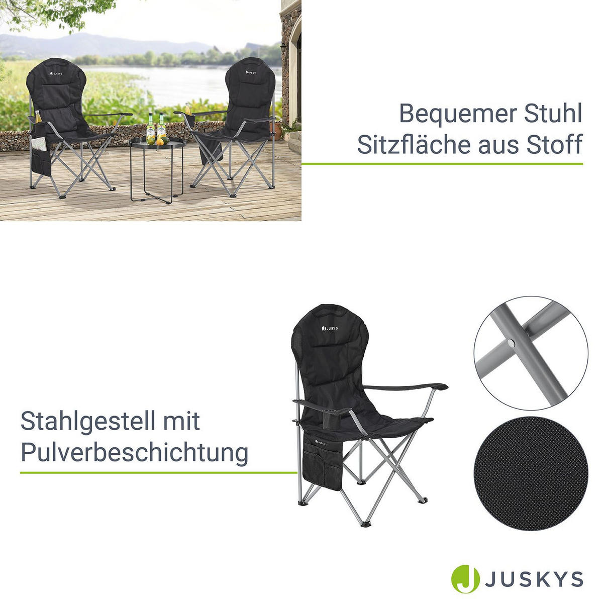 CAMPINGSTUHL Lido schwarz mit Flaschenhalterung & Tragetasche - Schwarz, Textil (62/102/62cm) - Juskys