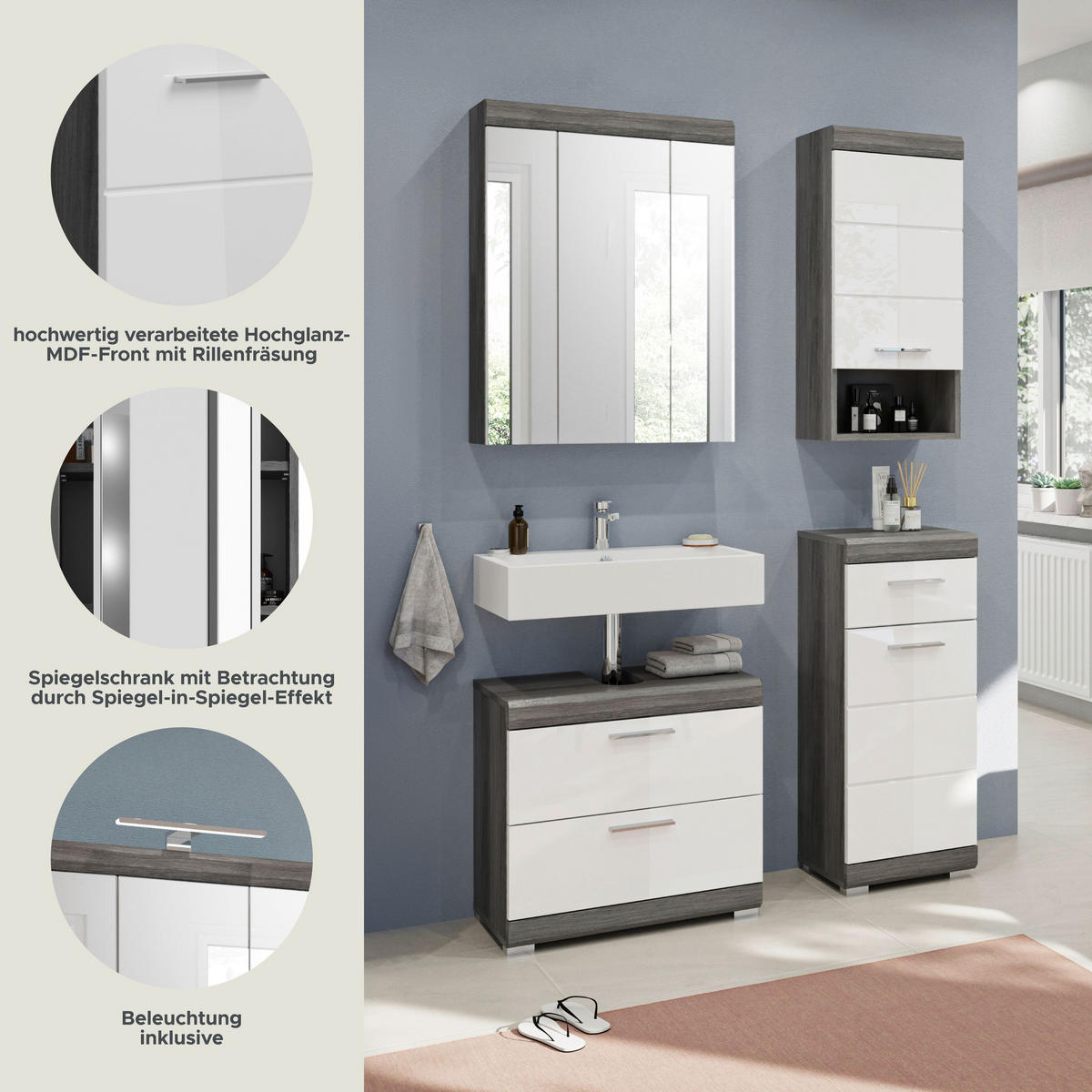 BADKOMBINATION 4tlg. Scout Bad in Rauchsilber Nachbildung und weiß hochglanz B/H/T: 112x191x34 cm - Anthrazit, Holz (112/191/37cm)