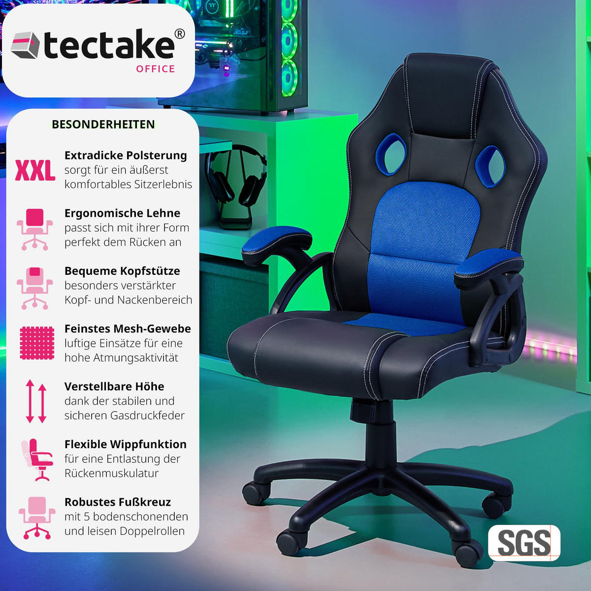 BÜROSTUHL Tyson,Belastbarkeit 120 kg,schwarz/blau - Blau/Schwarz, Textil (65/121.5/66cm) - tectake