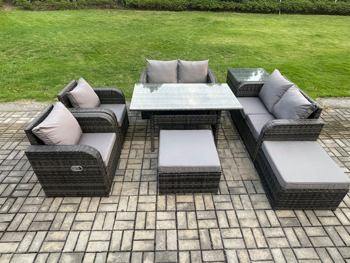 Gartenmöbelset mit Esstisch,Hockern,Beistelltisch Polyrattan Dunkelgrau 8-Sitzer - Dunkelgrau/Grau, Glas/Kunststoff - Fimous